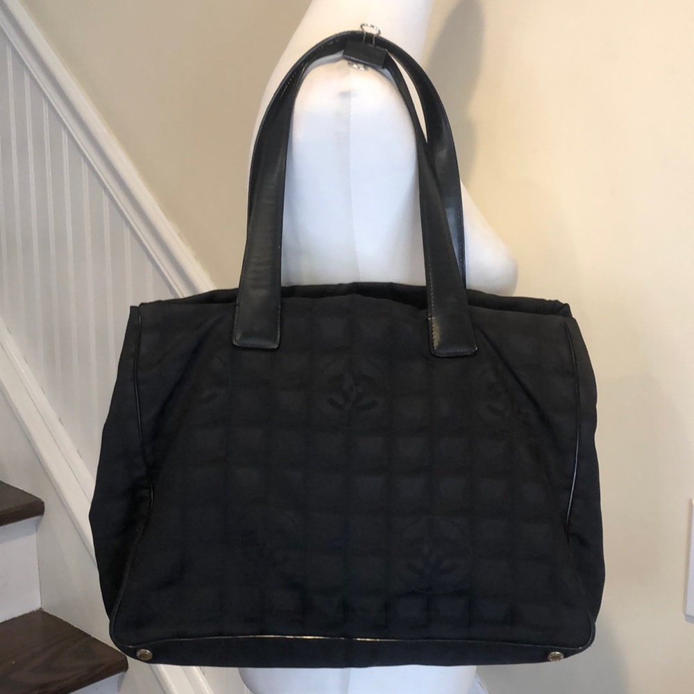 CHANEL Black Leather and Black Canvas Traveline Shoulder Bag AUTHENTIC